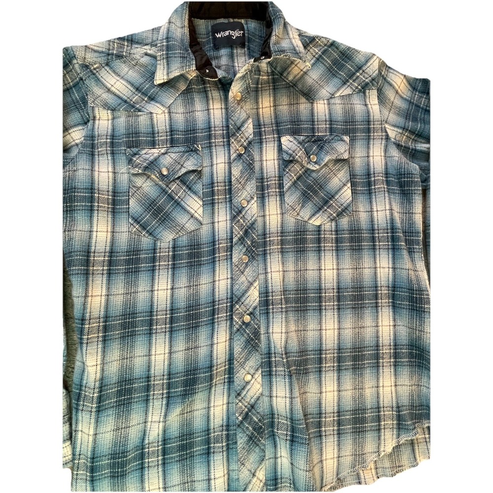 Wrangler Wrancher Men's Gray Plaid Flannel Pearl Snap Button Up Shirt Size Large